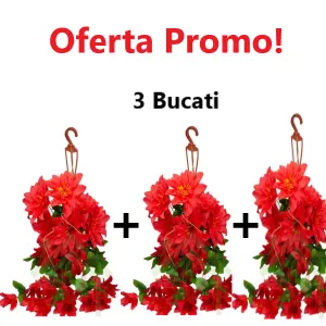 Oferta 3 Bucati x Ghiveci Suspendat cu Flori Rosii Artificiale