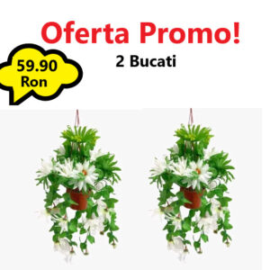 Oferta 2 Bucati x Ghiveci Suspendat cu Flori Albe Artificiale