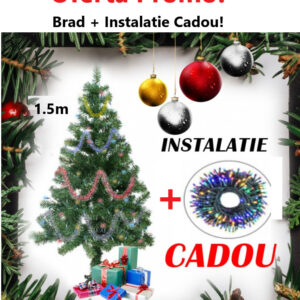 Oferta Brad Artificial de Craciun 150 cm, Suport Inclus + Instalatie 100 Leduri Cadou