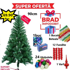 Oferta Brad Artificial de Craciun 90 cm, Suport Inclus + Cadou Accesorii Impodobit- Instalatie Colorata 100Led, 24 Globulete, 1 Beteala, 1 Varf Brad si 12 Fundite Rosii