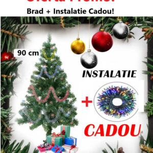 Oferta Brad Artificial de Craciun 90 cm, Suport Inclus + Instalatie 100 Leduri Cadou