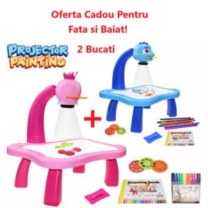 Oferta Dubla Pentru Baiat si Fata- 2 Bucati x Masuta Pentru Desenat cu Proiector Holografic si Diapozitive Incluse 1Bucata Roz, 1Bucata Albastra