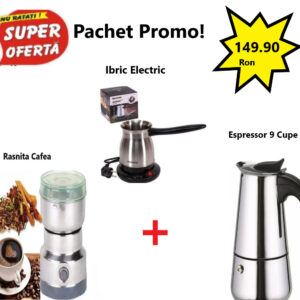 Pachet Promo 3 in 1 - Rasnita Electrica din Inox, 150W, Pentru Cafea + Ibric Electric de Cafea Marado + Espressor Cafea Pentru Aragaz, Capacitate 9 cesti