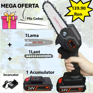 Super Oferta - Mini Drujba Fierastrau, complet echipata, cu 1Lama, 1Lant, 1Acumulator si incarcator + 1 Pila de Ascutit CADOU!