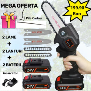 Super Oferta - Mini Drujba Fierastrau, cu 2Lame, 2 Lanturi, 2 Acumulatori si incarcator + 1 Pila de Ascutit CADOU!