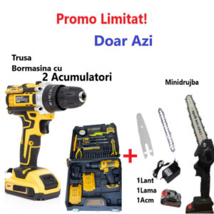 Super Promo!!! Trusa Bormasina, Masina de Gaurit si Insurubat cu 2 Acumulatori si Multiple Accesorii + Mini Drujba Fierastrau Complet Echipata cu Acumulator, Lama, Lant si Incarcator