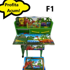 Birou cu Scaun Pentru Copii, Model F1, Imprimeu Dino, cu Polita si Sertar, Numaratoare si Ceas, 01350CLT