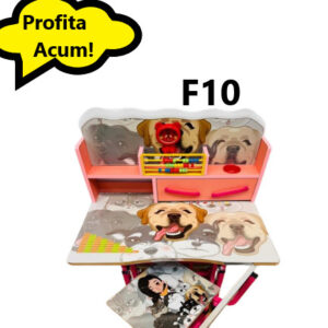 Birou cu Scaun Pentru Copii, Model F10, Imprimeu Catel, cu Polita si Sertar, Numaratoare si Ceas, 01350CLT