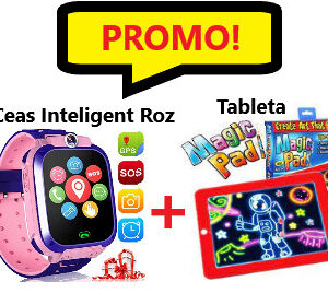 Ceas Inteligent Pentru Copii Roz cu Urmărire GPS și Apeluri, Buton SOS + Tableta Magic Pad