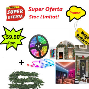 Ghirlanda de Brad Artificial Verde, Ideala Pentru Scara si Decoratiuni, 300 cm + Banda LED multicolor, lungime 5 metri, Telecomanda inclusa