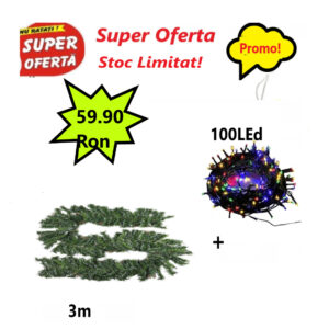 Ghirlanda de Brad Artificial Verde, Ideala Pentru Scara si Decoratiuni, 300 cm + Instalatie Multicolora 100 LED-uri