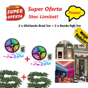 Oferta - 2 Bucati x Ghirlanda de Brad Artificial Verde, Ideala Pentru Scara si Decoratiuni, 300 cm + 2 Bucati x Banda LED multicolor, lungime 5 metri, Telecomanda inclusa