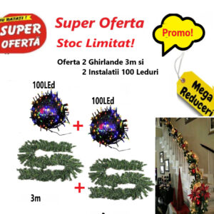 Oferta 2 Bucati x Ghirlanda de Brad Artificial Verde, Ideala Pentru Scara si Decoratiuni, 300 cm + 2 Bucati x Instalatie Multicolora 100 LED-uri