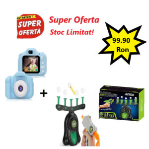 Oferta - Aparat Foto Digital Pentru Copii, Albastru, Card Memorie miniSD inclus, Mic, compact și ușor de transportat + Jucarie Dark Shot Mingi zburatoare si Pistol cu tinte