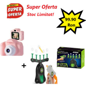 Oferta - Aparat Foto Digital Pentru Copii, Roz, Card Memorie miniSD inclus, Mic, compact și ușor de transportat + Jucarie Dark Shot Mingi zburatoare si Pistol cu tinte