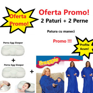 Oferta Promo - 2 Paturi cu Maneci Snuggie, Albastre, Stil Hanorac 010ZD + 2 Perne Egg Sleeper Pentru un Somn Confortabil, 0150zd