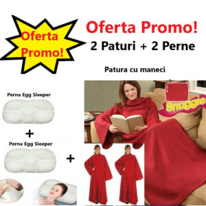 Oferta Promo - 2 Paturi cu Maneci Snuggie, Culoare Rosie, Stil Hanorac 010ZD + 2 Perne Egg Sleeper Pentru un Somn Confortabil, 0150zd