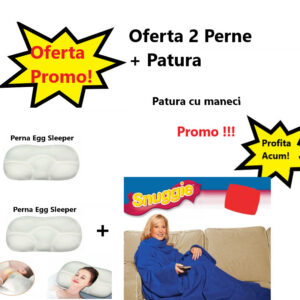 Oferta Promo - Patura cu Maneci Snuggie, Albastra, Stil Hanorac 010ZD + 2 Perne Egg Sleeper Pentru un Somn Confortabil, 0150zd