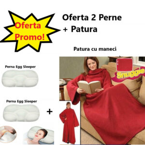 Oferta Promo - Patura cu Maneci Snuggie, Rosie, Stil Hanorac 010ZD + 2 Perne Egg Sleeper Pentru un Somn Confortabil, 0150zd