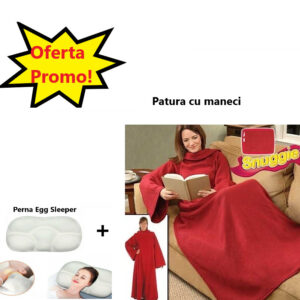 Oferta Promo - Patura cu Maneci Snuggie, Rosie, Stil Hanorac 010ZD + Perna Egg Sleeper Pentru un Somn Confortabil, 0150zd