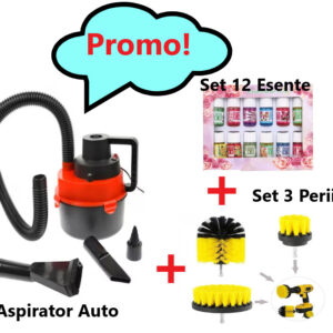 Pachet Auto 3in1 - Aspirator auto puternic, rosu 12 V + Set 12 Esente Aromaterepie + Set 3 perii pentru curatare, universale, cu adaptor pentru bormasina