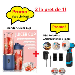 Pachet Promo 2024- Mini Blender Portabil Juicer Cup, 400 ml, Incarcare USB, 18650 RPM + Mini Polizor Unghiular cu 2 Acumulatori si 2 Panze, 12 V, Disc 76MM