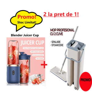 Pachet Promo 2024- Mini Blender Portabil Juicer Cup, 400 ml, Incarcare USB, 18650 RPM + Mop Profesional Scratch cu Doua Cuve de Spalare si Uscare