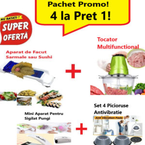 Pachet Promo 4 in 1- Aparat de Facut Sarmale + Tocator Multifunctional pentru Carne, Fructe si Legume + Mini Dispozitiv Portabil pentru Sigilat Pungi + Set de 4 Picioruse Conice Tampon Anti-vibratie
