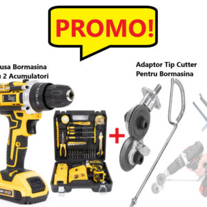 Promo!!! Trusa Bormasina, Masina de Gaurit si Insurubat cu 2 Acumulatori si Multiple Accesorii + Adaptor Tip Cutter de Taiat Tabla Pentru Bormasina