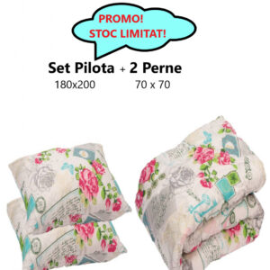 Set Pilota Imprimeu Floral 200x180cm + 2 Perne 70x70cm, Nuanta Alb-Roz , 0630