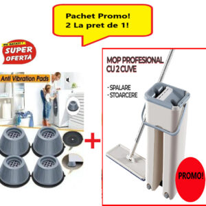 Super Oferta 2 in 1 - Set de 4 Picioruse Conice Tampon Anti-vibratie, Pentru Masina de Spalat + Mop Profesional Scratch cu Doua Cuve de Spalare si Uscare