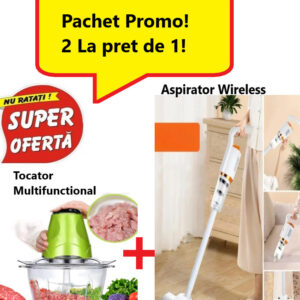 Super Oferta 2 in 1 - Tocator Electric Multifunctional pentru Carne, Fructe si Legume + Aspirator Vertical Portabil Fara Fir, Wireless, 2 in 1, Fara sac, Control pe maner, Reincarcabil