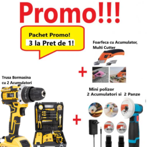 Pachet Promo, 3 La pret de 1! Mini Polizor Unghiular cu 2 Acumulatori si 2 Panze, 12 V, Disc 76MM + Bormasina Electrica cu 2 Acumulatori, 12V, si Set Accesorii + Foarfeca cu Acumulator, Multi Cutter