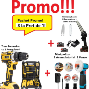 Pachet Promo, 3 La pret de 1! Mini Polizor Unghiular cu 2 Acumulatori si 2 Panze, 12 V, Disc 76MM + Bormasina Electrica cu 2 Acumulatori, 12V, si Set Accesorii + Mini Drujba Fierastrau cu 2 Acumulatori, complet echipata