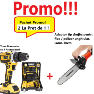 Pachet Promo, 2 La pret de 1! Bormasina Electrica cu 2 Acumulatori, 12V, si Set  Accesorii + Adaptor tip drujba pentru flex / polizor unghiular, 30cm