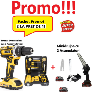 Super Oferta , 2 La pret de 1! Bormasina Electrica 2 Acumulatori, 12V, cu Set  Accesorii + Mini Drujba Fierastrau cu 2 Acumulatori, complet echipata