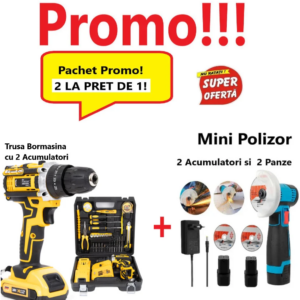 Pachet Promo, 2 La pret de 1! Mini Polizor Unghiular cu 2 Acumulatori si 2 Panze, 12 V, Disc 76MM + Bormasina Electrica cu 2 Acumulatori, 12V, si Set  Accesorii