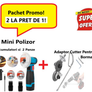 Pachet Promo, 2 La pret de 1! Mini Polizor Unghiular cu 2 Acumulatori si 2 Panze, 12 V, Disc 76MM + Adaptor Tip Cutter Pentru Bormasina, pentru taiat tabla