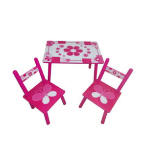 Masuta cu Doua Scaune, Pentru Copii, MS03-F, Roz cu Fluturi si Flori, din MDF, 01100bby