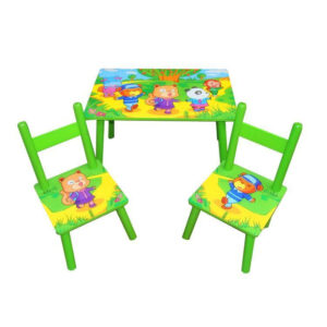 Masuta cu Doua Scaune, Pentru Copii, MS03-V, Verde cu Animalute, din MDF, 01100bby