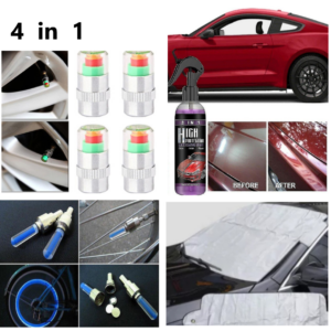 Super Oferta! 4 La Pret de 1! Protectie Auto Pentru Parbriz + Solutie Auto 3 in 1, Sticla cu Spray Pentru Tratament Auto  + 2 Leduri Pentru Ventile + Set 4 Buc Capace Valva cu Indicator de Presiune Colorat