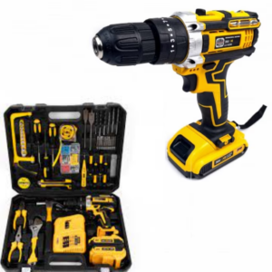 SUPER OFERTA, Trusa completa cu Bormasina Electrica Galbena, cu 2 Acumulatori, Statie Incarcare, Fierastrau de Mana  si Multiple Accesorii