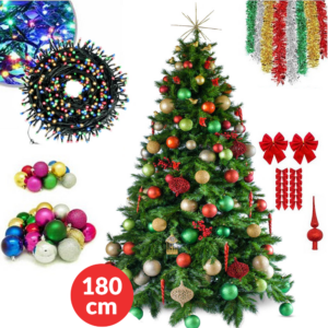 Pachet complet Craciun! Brad Artificial De Craciun 180 Cm +  Decoratiuni multiple + Luminite